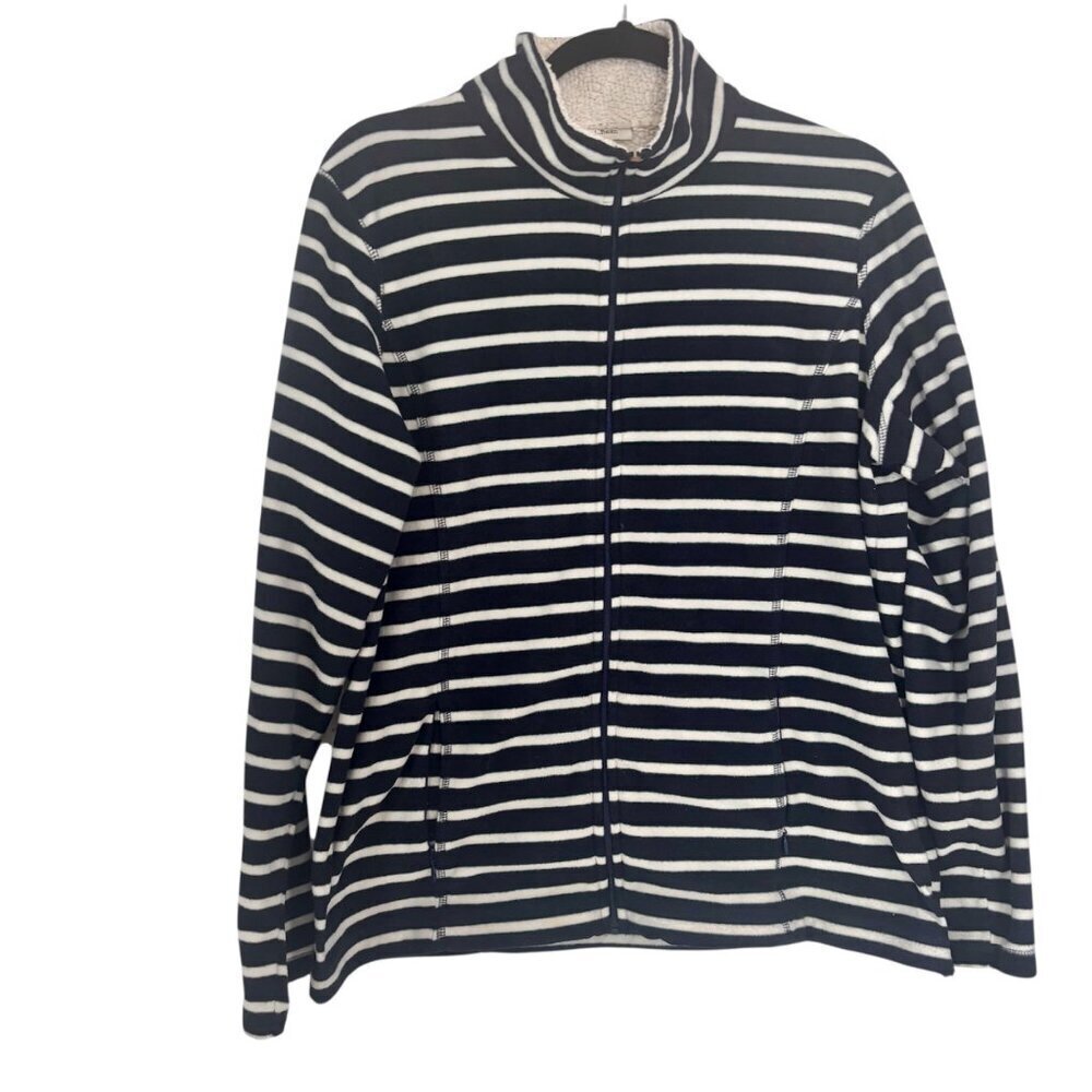 LL Bean Full Zip Fleece Jacket Classic Navy & White Stripe Women's Large